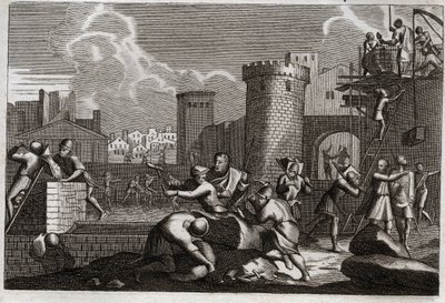 Bible of Royaumont, Gamla testamentet: Jerusalem rabatt. Kung Artaxerxes I skickade Nehemia till Jerusalem med tillstånd att göra uppror mot alla dess murar. Illustration från 1811. av Unknown artist