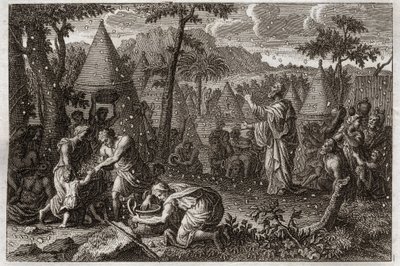 Bibeln från Royaumont, Gamla testamentet: Judar i öknen (eller mannaupproret). Gud låter manna falla från himlen i fyrtio år. Illustration från 1811. av Unknown artist