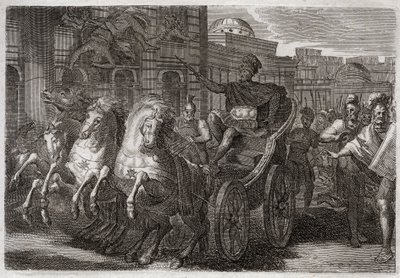 Bibeln från Royaumont, Gamla testamentet: Jezabel äter hundar. Jehu får Jezabel att kasta ut genom ett fönster och hon har ätit av hundar. Illustration från 1811. av Unknown artist
