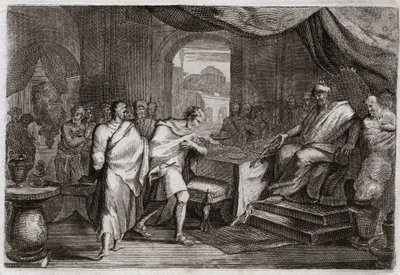 Bibeln från Royaumont, Gamla testamentet: Joachim skjuter järn. Evilmerodach (Evil Merodac, Evil Merodac), kung av Babylon, efter Nebukadnessar II:s död, behandlar Joakim (Joakim, Joachin, Jechoniah), en gång kung av Juda, och drar honom från järn för att  av Unknown artist