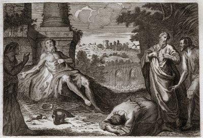 Bibeln från Royaumont, Gamla testamentet: Job på gödsel. Den helige mannen Job frestas av demonen som tar bort allt hans goda och alla hans barn, och slår honom med ett fruktansvärt sår och lämnar honom bara hans hustru att bära honom otåligt. Illustration av Unknown artist