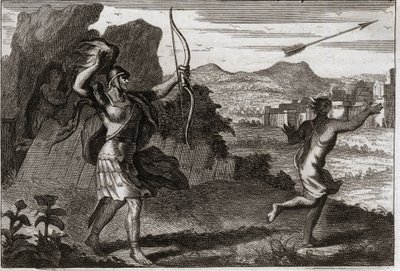 Bibeln från Royaumont, Gamla testamentet: Jonathan och David. Och när Jonatan såg sin fars bitterhet, varnade Saul honom att dra sig tillbaka. Illustration från 1811. av Unknown artist