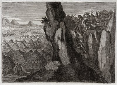 Bible of Royaumont, Gamla testamentet: Jonathan och hans Ecuyer. Jonatan, kung Sauls son, går ensam med sin ecuyer in i filistéernas läger och låter dem fly. Illustration från 1811. av Unknown artist