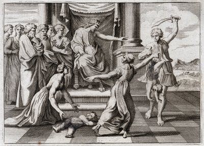 Bibeln från Royaumont, Gamla testamentet: Salomos dom. Salomos berömda dom mellan två kvinnor, för att erkänna vilken av de två som var mor till ett barn, som båda påstod sig vara hon. Illustration från 1811. av Unknown artist