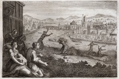 Bibeln från Royaumont, Gamla testamentet: Egyptens barnmorskor. Farao låter israeliternas manliga barn kastas i Nilen. Illustration från 1811. av Unknown artist