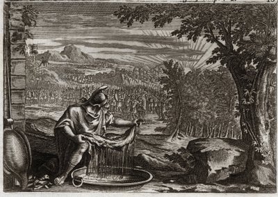 Bible of Royaumont, Gamla testamentet: Mirakel av fleece. Gedeon (Gideon) fick av Gud underverket med ull som bevis på att han hade valt det och att han skulle göra det till sitt folks befriare. Illustration från 1811. av Unknown artist