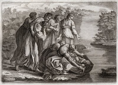Bibeln från Royaumont, Gamla testamentet: Moses räddar vattnet. Faraos dotter drog bort Mose från Nilens vatten och adopterade honom till sin son. Illustration från 1811. av Unknown artist