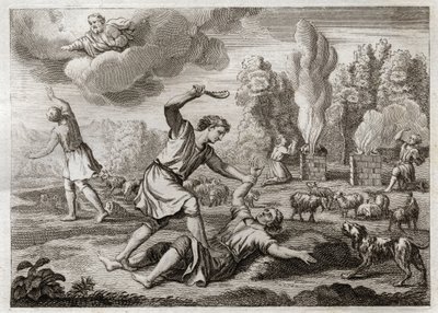Bible of Royaumont, Gamla testamentet: Mordet på Abel. Kain bär sin bror av avund mot Abel, tar honom ut på landsbygden som om han skulle gå och dödar honom. Illustration från 1811. av Unknown artist