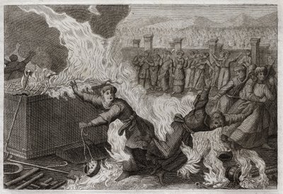 Bibeln från Royaumont, Gamla testamentet: Nadab och Abiu. Nadab (Nadav) och Abiu (Abihou), Arons söner, som tände främmande eld i sina rökelser för att offra rökelse åt Gud, brändes i själva tabernaklet. Illustration från 1811. av Unknown artist