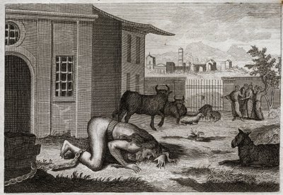 Bibeln från Royaumont, Gamla testamentet: Nebukadnessar ändras till bete. Kung Nebukadnessar II förvandlas genom ett rättvist straff för sin stolthet till bete. Illustration från 1811. av Unknown artist