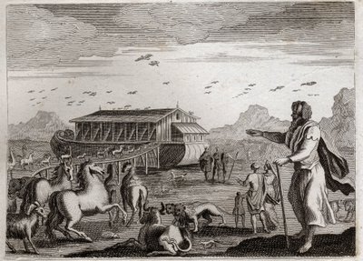 Bibeln från Royaumont, Gamla testamentet: Noaks ark. Gud, som är arg på människors överträdelser, bestämmer sig för att straffa alla med en syndaflod; och för att rädda Noe, som var rättfärdig, befaller han honom att göra arken. Illustration från 1811. av Unknown artist