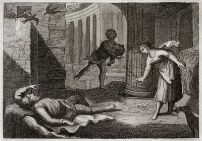 Bible of Royaumont, Gamla testamentet: Gamle Tobie förlorar synen. Den helige mannen Tobie förlorar synen och utsätts för denna ondska med extremt tålamod. Illustration från 1811. av Unknown artist