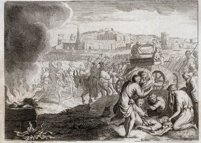 Bibeln från Royaumont, Gamla testamentet: Oza slår med Gud. David vill ta med sig förbundsarken hem. Oza dog, som lade sin hand där för att hindra honom från att falla. Illustration från 1811. av Unknown artist