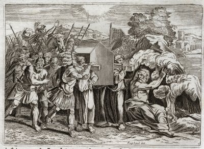 Bibeln från Royaumont, Gamla testamentet: Jordaniens passage. Josua för Jordan till allt folket. Denna flod torkar ut, och prästerna som bar förbundsarken kom in i den; och vattnet reste sig ovanför och förblev upphängda som ett berg. jag av Unknown artist