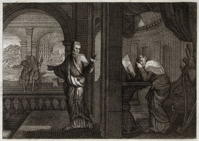 Bibeln från Royaumont, Gamla testamentet: Davids ånger. Gud skickar sin profet Nathan till David för att representera hans fel. Ångern över att denna helige kung lät sig ur det gör att han accepterar allt det onda som profeten förutspådde honom. Illustrati av Unknown artist