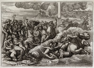 Bibeln från Royaumont, Gamla testamentet: Farao sänker sig i Röda havet. Mose och hebréernas passage av Röda havet, dränkande faraos armé. Illustration från 1811. av Unknown artist