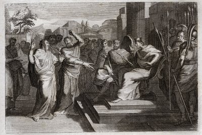Bibeln från Royaumont, Gamla testamentet: Piete of Josaphat. Josafat, Judas fromaste kung, får alla furstar som finns runt omkring honom att darra och vittnar på olika sätt om sin fromhet mot Gud, vilket gjorde att han segrade över sina fiender. Illustr av Unknown artist