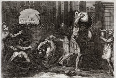 Bible of Royaumont, Gamla testamentet: Elisees förutsägelse. En Samarias Herre, som har vilseledt Elisees ord, trängs vid hans fötter. Illustration från 1811. av Unknown artist
