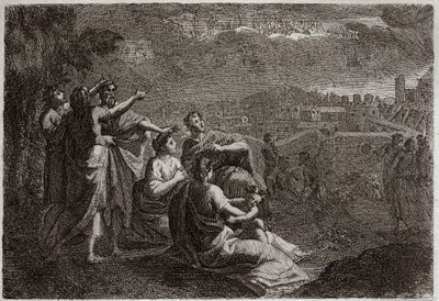 Bible of Royaumont, Gamla testamentet: Förutsägelser om Jerusalem. Gud har gett upp vapen i luften mot Jerusalem, för att föra över henne de ondska som skulle smälta över henne. Illustration från 1811. av Unknown artist