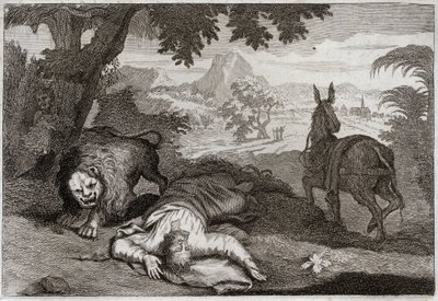 Bibeln från Royaumont, Gamla testamentet: Profeten olydig. En profet, som har tagit Jerobeam från sina ogudaktiga, dödas av ett lejon, eftersom han inte lydde Herren, som hade förbjudit honom att dricka och äta på denna plats. Illustration från 1811. av Unknown artist