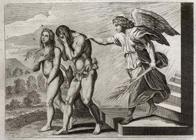 Bibeln från Royaumont, Gamla testamentet: Adams straff. Gud driver Adam och Eva ut ur paradiset efter att de fallit, och sätter en Cherubin vid dörren för att försvara deras ingång. Illustration från 1811. av Unknown artist
