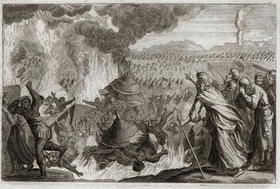 Bibeln från Royaumont, Gamla testamentet: Bestraffning av himmelsk eld. Core (Kore), Datan (Datan, Nathan) och Abriron (Abiram) som mumlar mot Moses och påverkar härskaren Pretrise, förstörs alla levande, och jorden öppnar sig för att sluka dem. Avsnitt av av Unknown artist