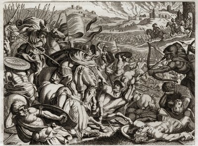 Bibeln från Royaumont, Gamla testamentet: Benjamiternas straff. Benjamins stam utrotas. Illustration från 1811. av Unknown artist