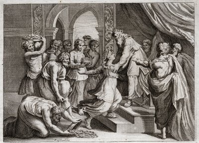 Bibeln från Royaumont, Gamla testamentet: Drottning av Saba. Drottningen av Saba kommer till Salomo för att lyssna på hans visdom och ge honom presenter. Illustration från 1811. av Unknown artist