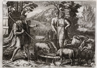 Bible of Royaumont, Gamla testamentet: Rachel och Lea. Jakob tjänar Laban, sin farbror, för att få sin dotter Rachel att gifta sig. Illustration från 1811. av Unknown artist