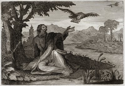 Bibeln från Royaumont, Gamla testamentet: Elias korpar. Gud slog jorden med en tre år gammal sterilit, skickade profeten Elia genom en bäck, eller så gav två kråkor mat till honom. Illustration från 1811. av Unknown artist