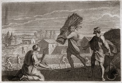 Bibeln om Royaumont, Gamla testamentet: Rut följer sin svärmor Noemi (Naomi, Noemie) i Juda land och skördar Boas (Boas) vetefält. Illustration från 1811. av Unknown artist