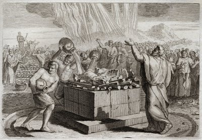 Bibeln från Royaumont, Gamla testamentet: Elias offer. Och efter att ha gjort den sanne Guden känd genom det eldsunder som kom ner från himlen efter hans offer, befallde han folket att döda de fyrahundrafemtio prästerna av Baals avgud. Illustrat av Unknown artist