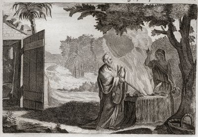 Bibeln från Royaumont, Gamla testamentet: Gedeons offer. Gedeon (Gideon) är kallad av Gud att ta bort judarna från deras fiender. Han frambär ett offer på en sten, från vilken han kommer ut en eld som förtär den. Illustration från 1811. av Unknown artist