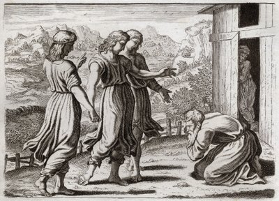 Bibeln från Royaumont, Gamla testamentet: Sara bäddar för Isaac. Abraham tar emot tre änglar som lovar Sara (Sarah) att hon ska få en son om ett år. Illustration från 1811. av Unknown artist