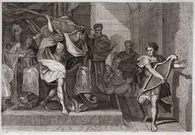 Bibeln från Royaumont, Gamla testamentet: Saul vill döda David. Saul full av vrede och avund mot David, vill sticka hål på hans spjut när han spelade på harpa framför honom. Illustration från 1811. av Unknown artist