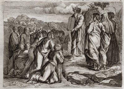 Bibeln från Royaumont, Gamla testamentet: lagens andra tabeller. Gud ger Mose andra bord (tio budord), som folket tar emot med respekt. Illustration från 1811. av Unknown artist
