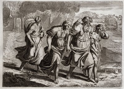 Bibeln från Royaumont, Gamla testamentet: Sodom brulee. Gud retar upp Sodoms avskyvärda brott, bränner upp det med de andra grannstäderna, med ett regn av eld och svavel som han bränner från himlen (Loth, hans döttrar och hans hustru flyr staden). Illustr av Unknown artist