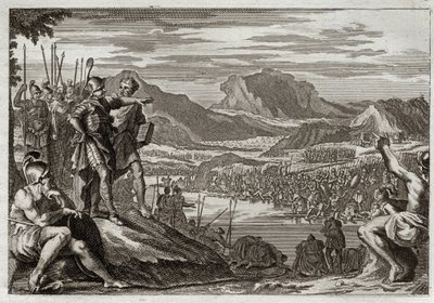 Bible of Royaumont, Gamla testamentet: Soldiers of Gedeon. Gud befaller Gedeon (Gideon) att leda alla sina trupper till Jordanfloden, och ger honom ett märke för att urskilja vilka han skulle använda för att slåss mot midjaniterna. Illustration från 1811. av Unknown artist