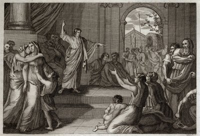 Bible of Royaumont, Gamla testamentet: Susanne delivree. Gud använder den unge Daniels visdom för att befria Susanne från döden, som hon orättvist dömts till. Illustration från 1811. av Unknown artist