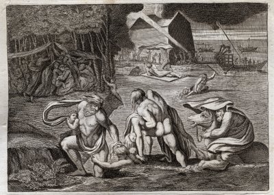 Bibeln från Royaumont, Gamla testamentet: Syndfloden. Syndfloden svämmar över hela jorden. Den enda arken räddar de som var inlåsta i den från denna förlisning. Illustration från 1811. av Unknown artist