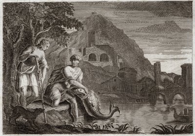 Bibeln från Royaumont, Gamla testamentet: Ängeln vägleder Tobie. Unga Tobie är livrädd av en fisk (mirakulöst) som ville äta honom. Angel Raphael kommer på Guds order för att vägleda honom på en resa han var tvungen att göra. Illustration från 1811. av Unknown artist