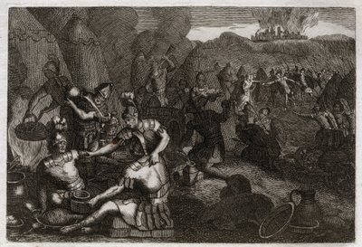 Bible of Royaumont, Gamla testamentet: Thieves of Siceleg. Vissa amalekiter kommer för att plundra Siceleg i Davids frånvaro. Han springer rasande och tappar dem. Illustration från 1811. av Unknown artist