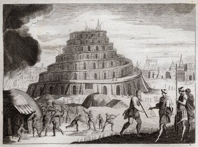 Bibeln från Royaumont, Gamla testamentet: Babels torn. Män vill av fåfänga höja ett torn till himlen. Gud förhindrar detta arbete genom att förvirra deras tungor så att de inte längre kan höra varandra tala. Illustration från 1811. av Unknown artist