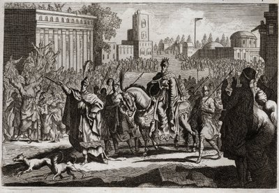 Bibeln från Royaumont, Gamla testamentet: Mardochees triumf. Aman (Haman) tvingas av kungen att publicera sin fiendes triumf Mardochee (eller Mordekhai eller Mordekai) i hela staden Susan (mer känd som Susa). Illustration från 1811. av Unknown artist