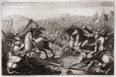 Bibeln från Royaumont, Gamla testamentet: Judas seger. Judas Maccabee (Maccabee, Maccabee) besegrade Apollonius, Seron, Ptolemaios Macron, Gorgias, Nicanor och Lysias i olika strider. Illustration från av Unknown artist