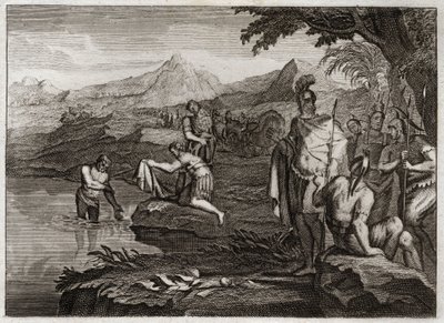 Bibeln från Royaumont, Gamla testamentet: Naamans krig. Naaman, general för den syriska kungens armé, kom för att hitta profeten Elise för att bli botad från hans spetälska. Illustration från 1811. av Unknown artist