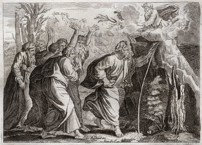 Bibeln från Royaumont, Gamla testamentet: Vatten från klippan. Mose tar fram vatten ur klippan och ger Israels folk att dricka. Illustration från 1811. av Unknown artist