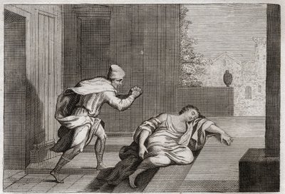 Bibeln från Royaumont, Gamla testamentet: Kvinna från den upprörda leviten. Levitens fru hittades död vid dörren efter att ha blivit misshandlad av ligister. Illustration från 1811. av Unknown artist
