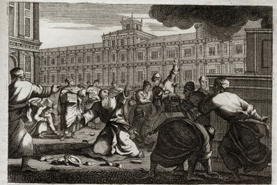 Bibeln av Royaumont, Gamla testamentet:, Sakaria stenad. Sakarja, översteprästen, stenas på befallning av Joas (Joas) kung av Juda, eftersom han tog honom från hans order. Illustration från 1811. av Unknown artist
