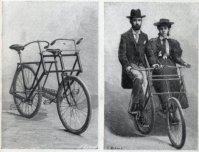 Cykeln har två säten från tillverkaren "" Punnett Cycle"" utan och med cyklister. Gravyr i "" La Nature"" av Unknown artist